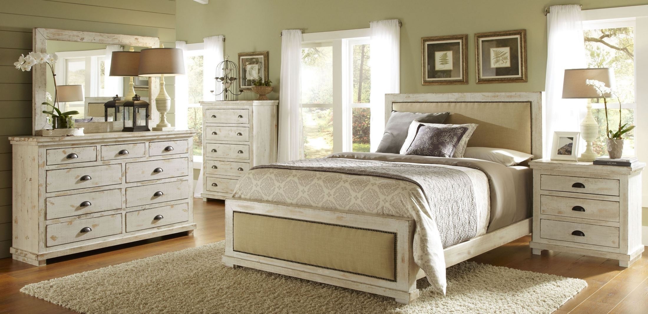 Willow distressed white upholstered bedroom set from 1