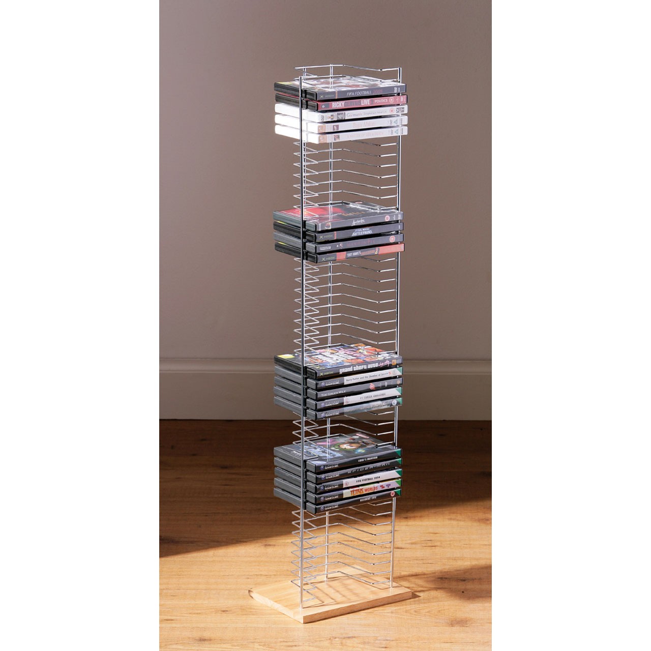 Wood base dvd rack tower chrome holds up to 50