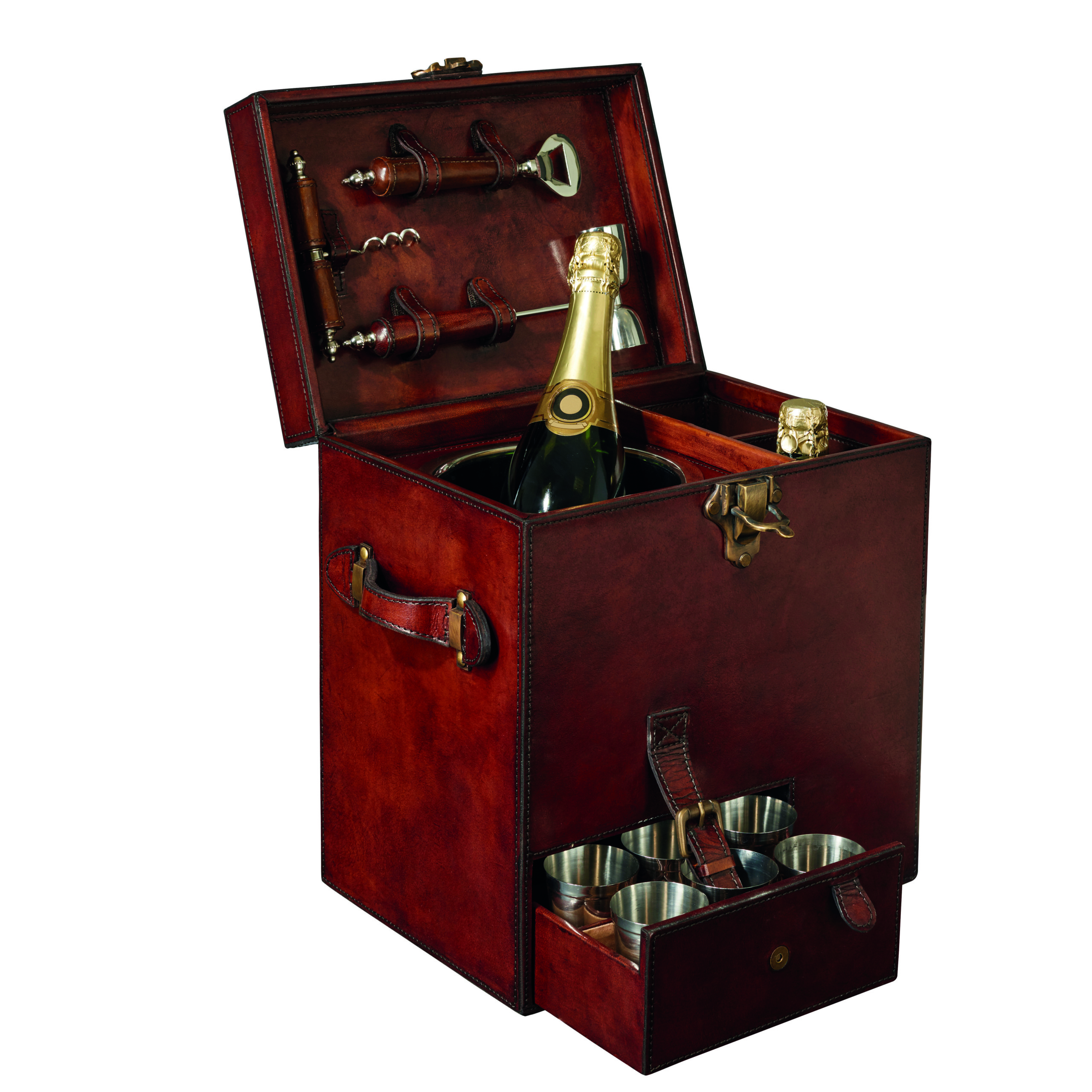 A portable vintage leather mini bar equipped with all your