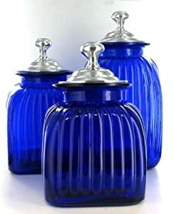 Amazon com colbalt blue glass kitchen canister set hand