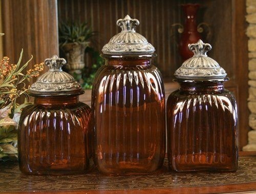 Amber decorative glass canister set with traditional lids