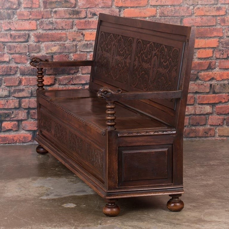 Antique 19th century danish carved walnut storage bench at