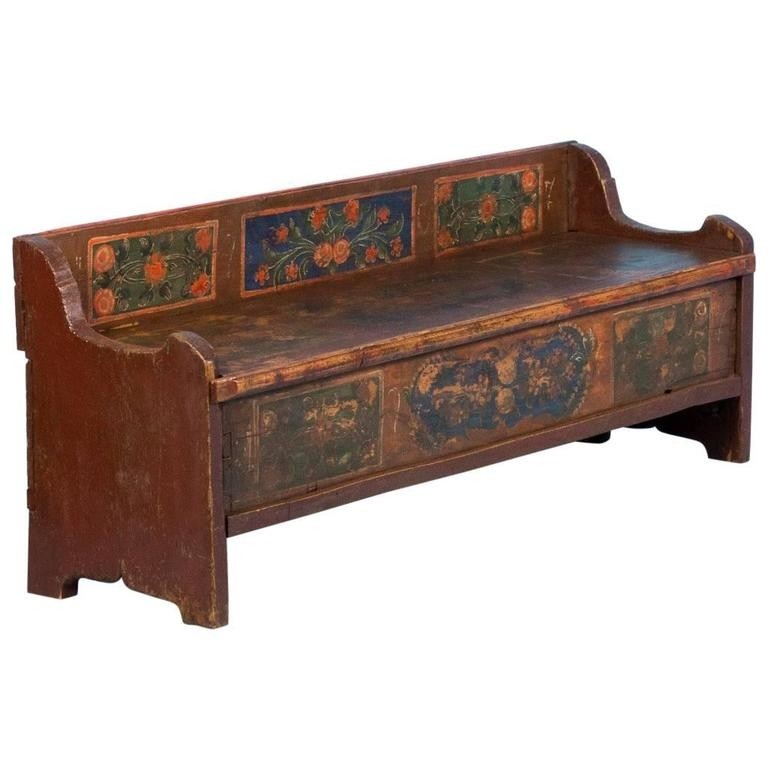 Antique hungarian storage bench with original folk art