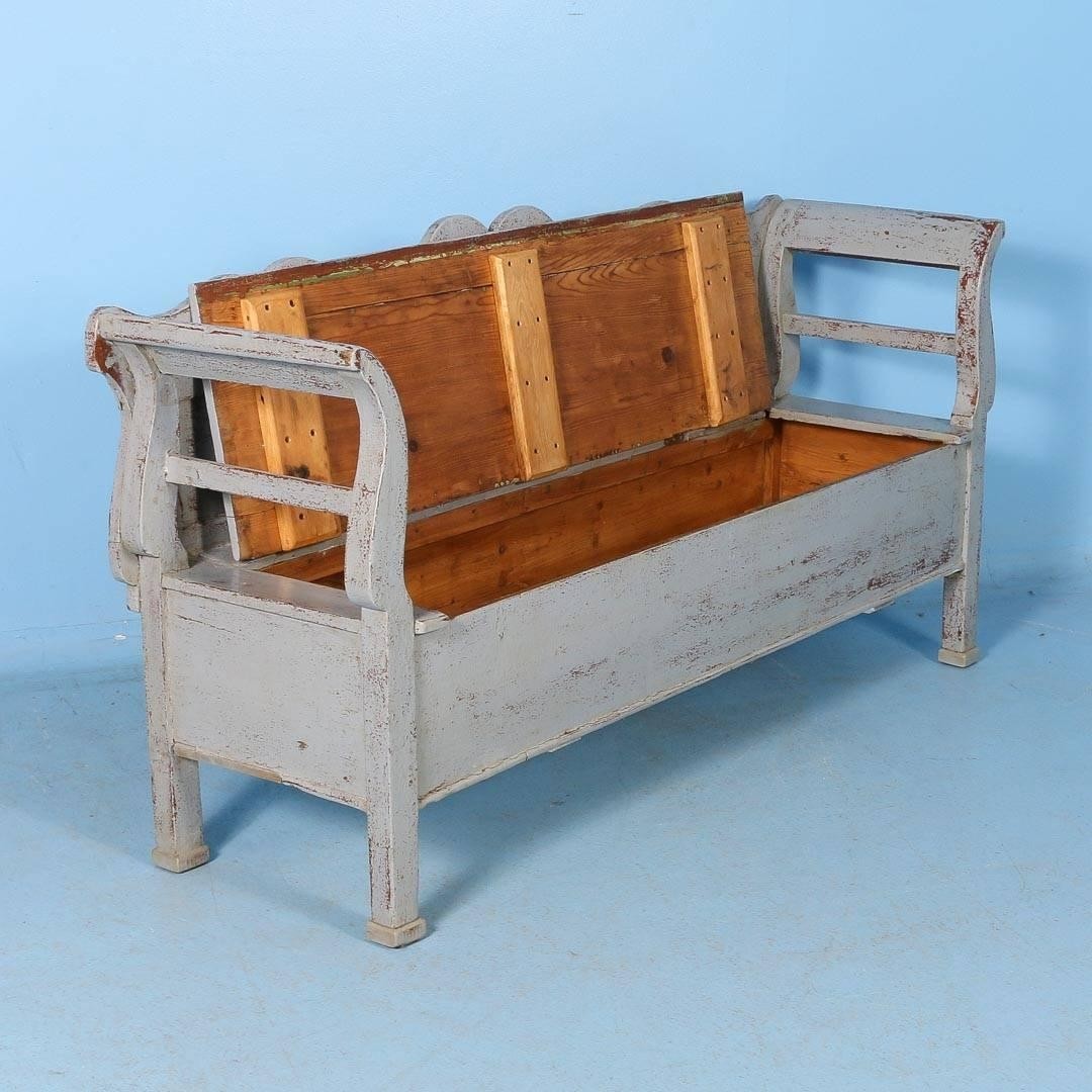 Antique pine storage bench with original grey paint