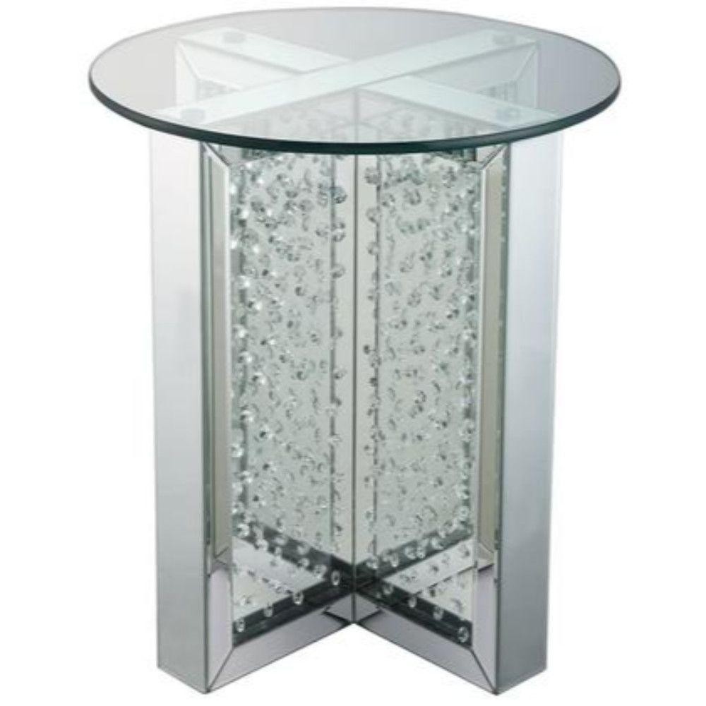 Benjara silver round mirrored metal end table with glass