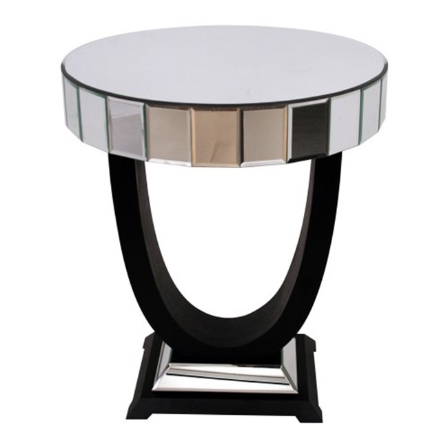 Black veneer mirrored round side table