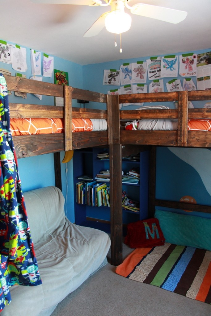 Boys room decor and l shaped loft bed