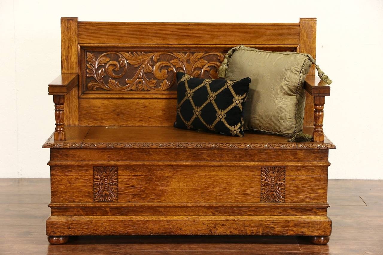 Carved oak 1890s antique hall bench lift seat storage ebay