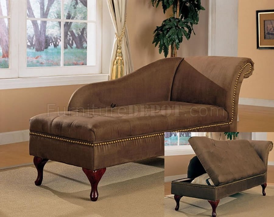 Chocolate brown microfiber chaise lounge w flip open storage 1