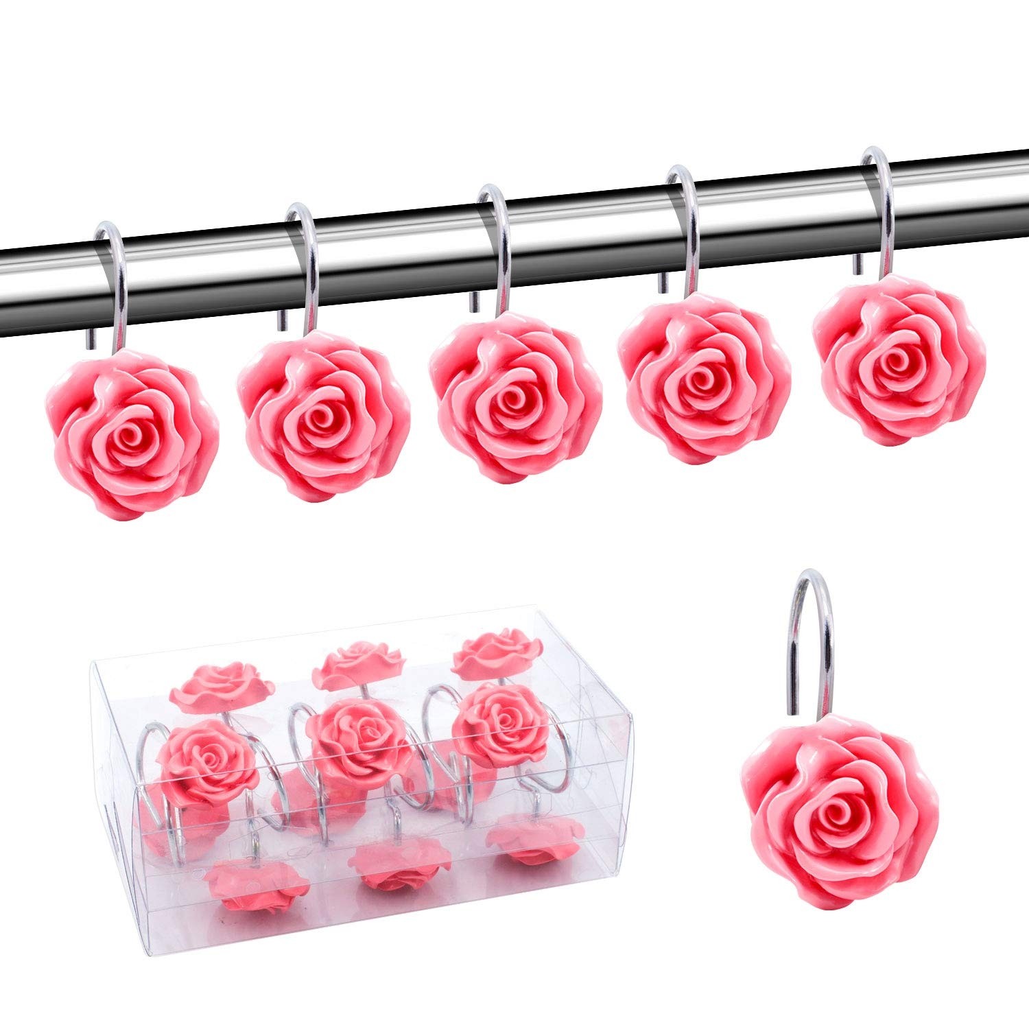 New 12 PCS Fashion Decorative Home Bathroom Rose Shower Curtain Hooks 