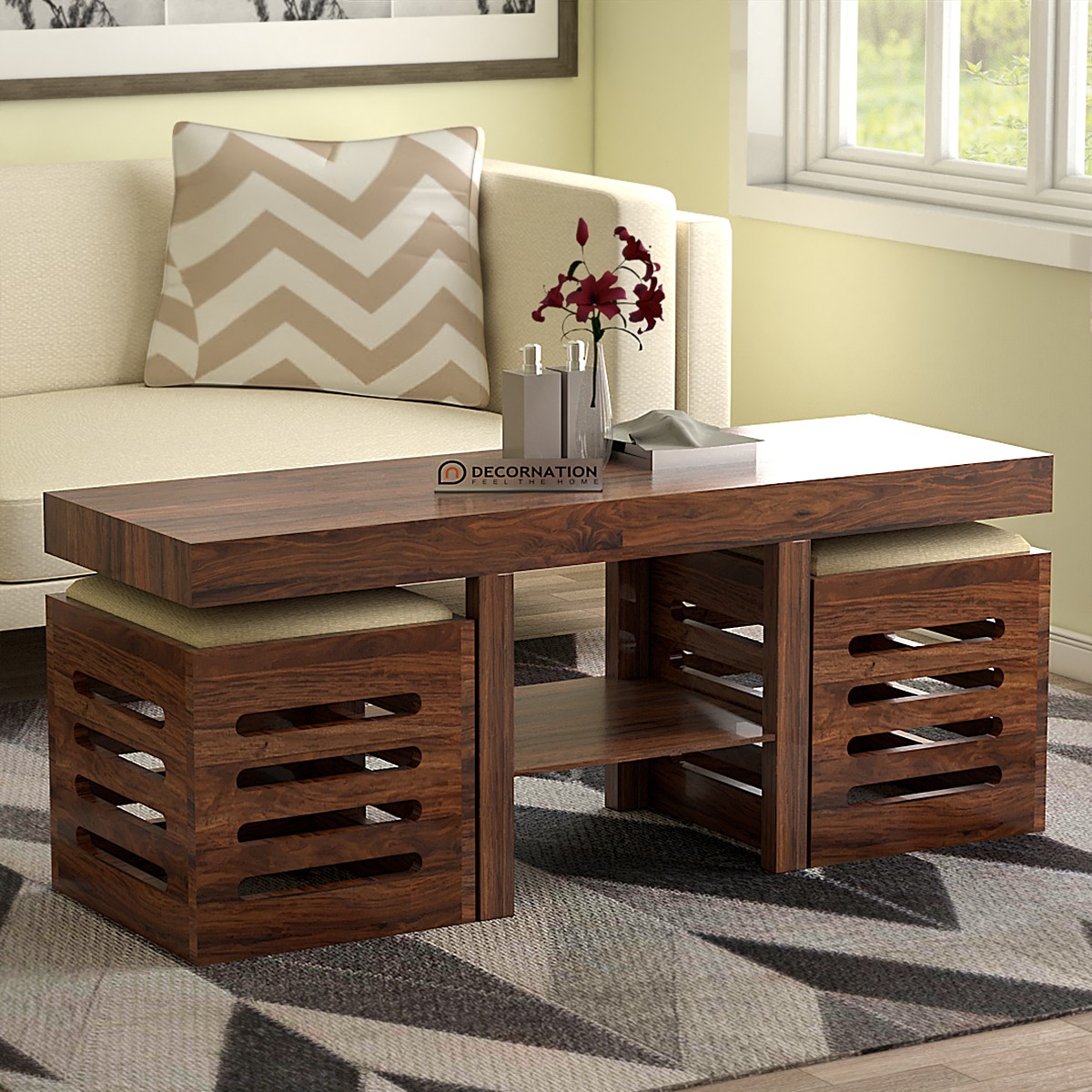 Ely solid wooden coffee table with 2 stools with storage