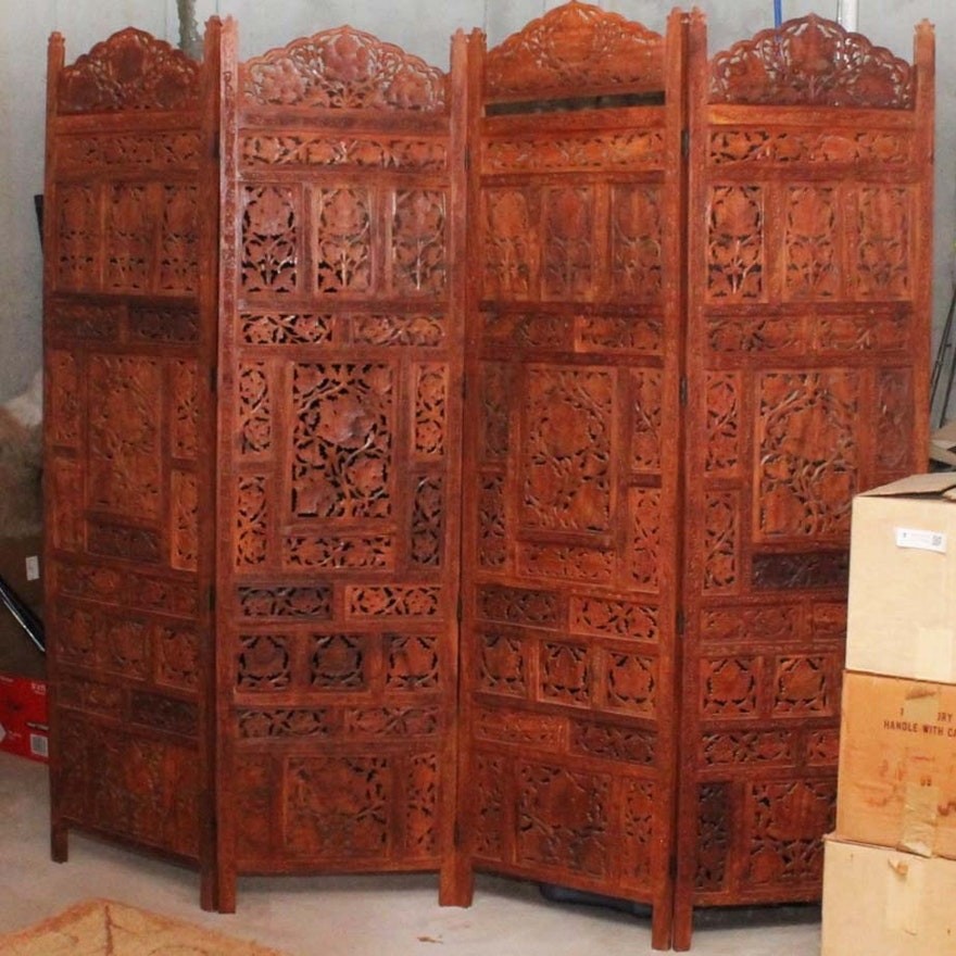 Four panel hand carved teak room divider ebth