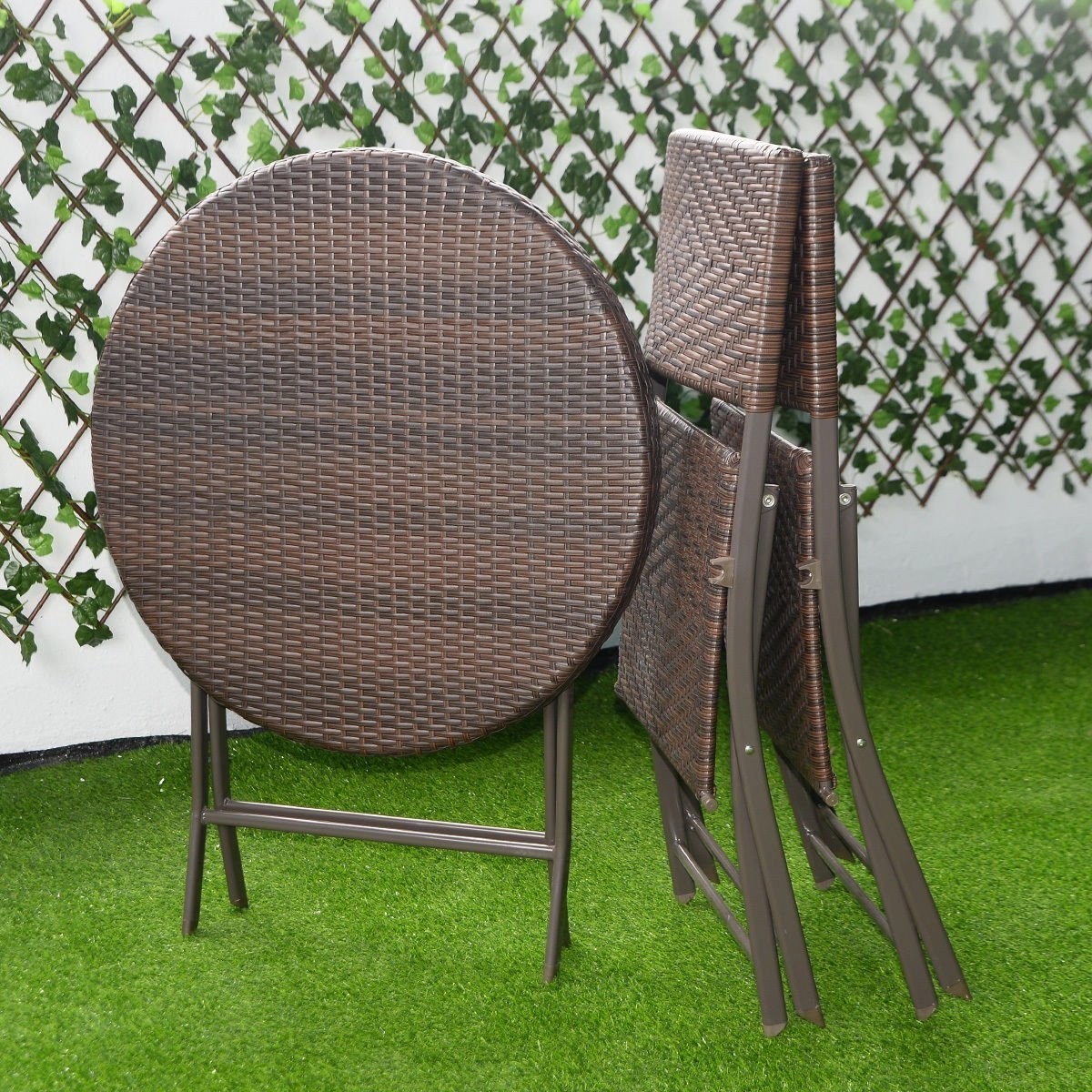 Giantex 3pc folding round table chair bistro set rattan