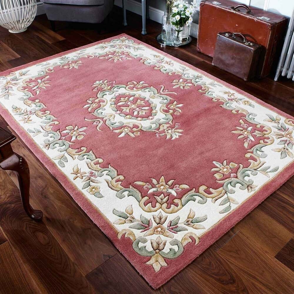 Indian aubusson rose pink wool traditional rugs 80x150cm
