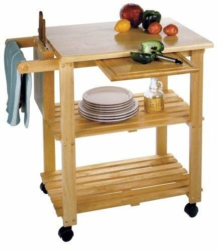 Kitchen prep table cart rolling wood storage shelves 1