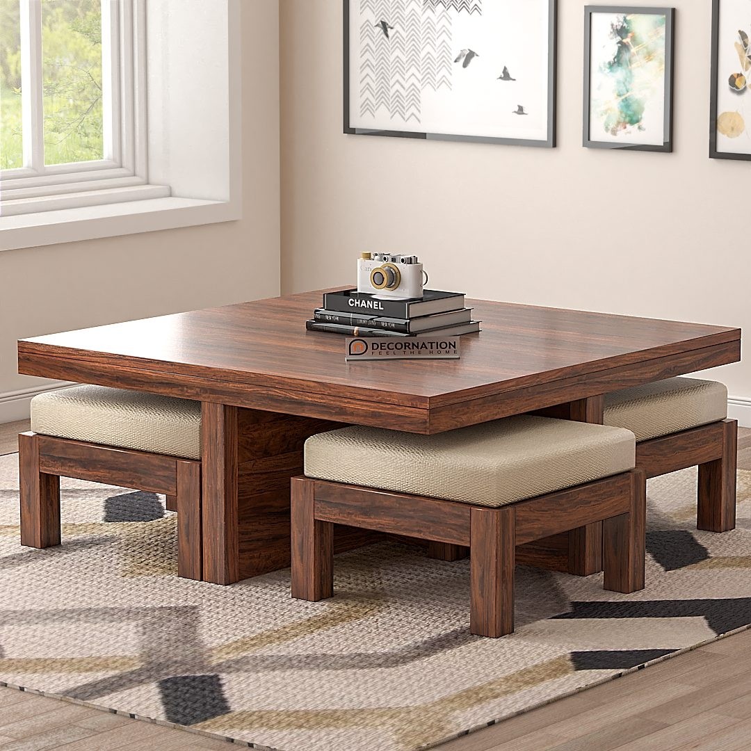 Lanthe solid wood coffee table with 4 stools brown