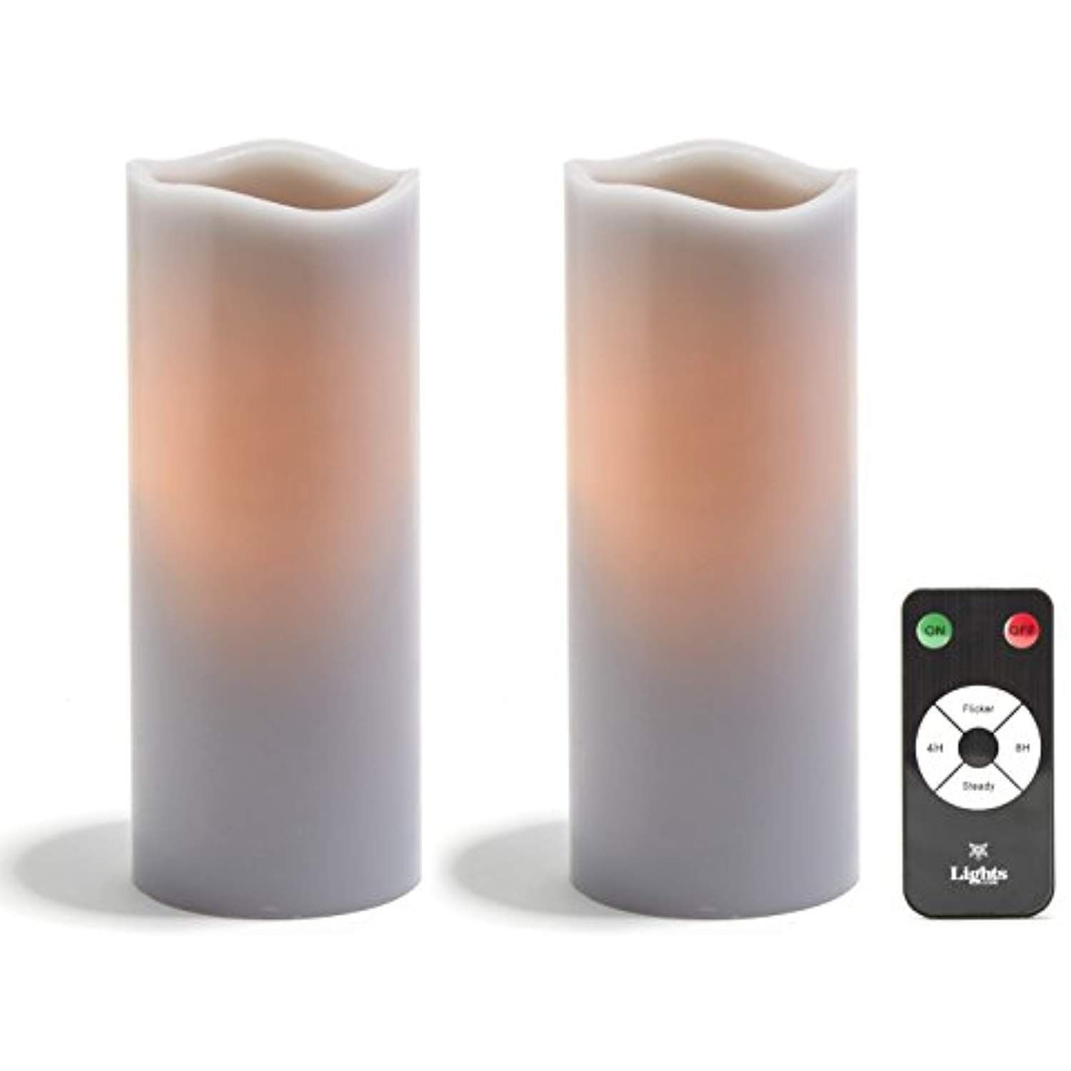 Large grey flameless pillar candles with remote set of 2