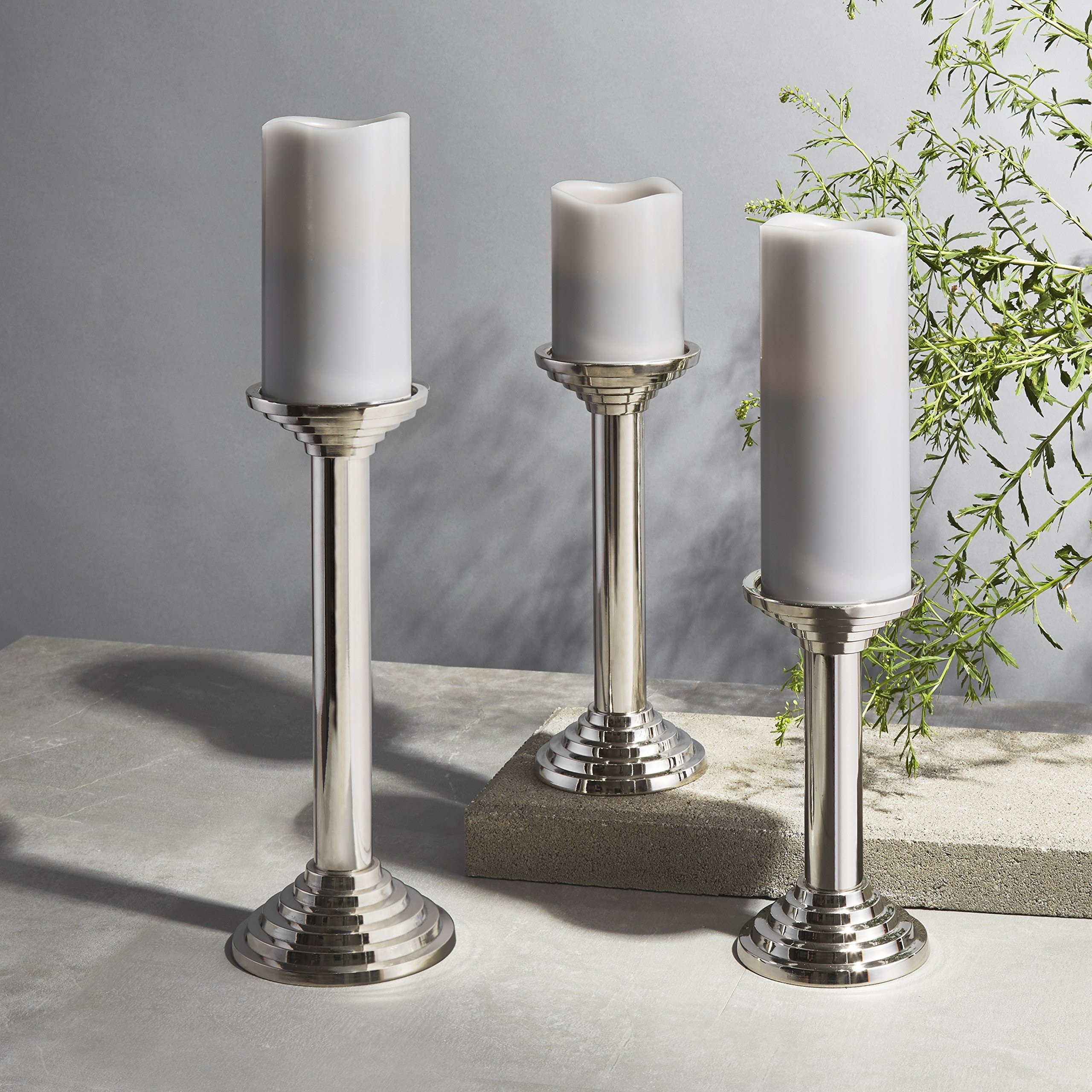 Large grey flameless pillar candles with remote set of 2