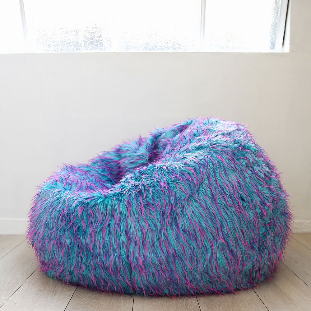 Large shaggy fur beanbag cover blue pink cloud chair soft