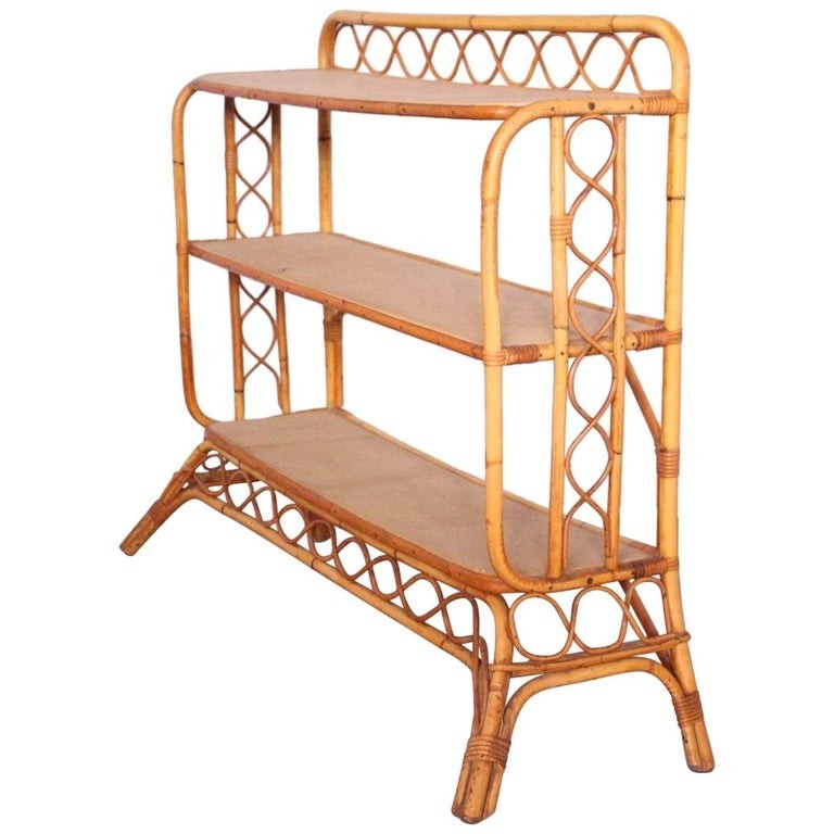 Midcentury bamboo rattan shelves etagere french three tier