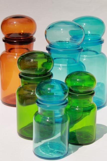 Mod colored glass bottles vintage kitchen canisters