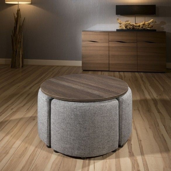Modern wenge round coffee table with 4 grey cushioned 1