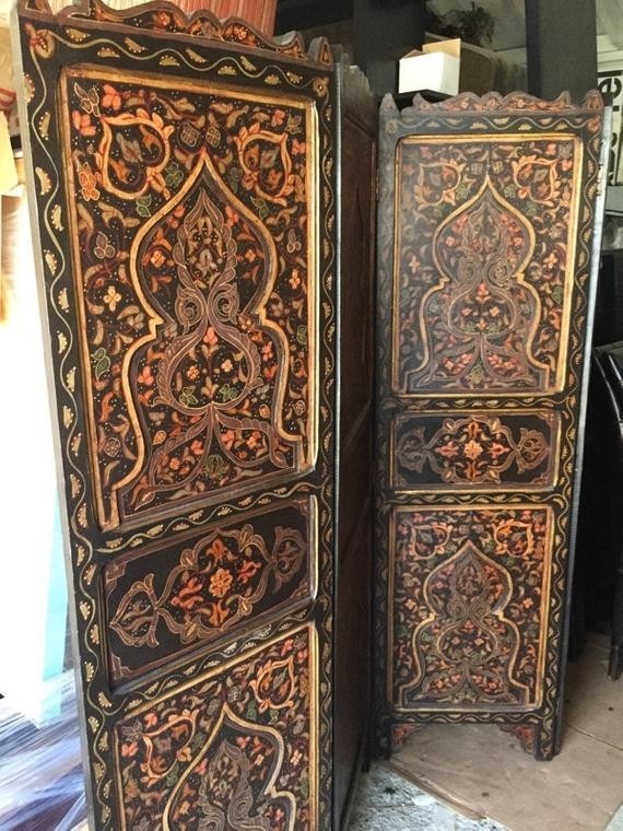 Moroccan 4 panel carved wood screen room divider clb by