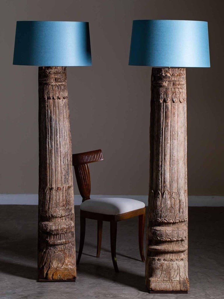Pair of antique carved wood pillar column floor lamps from