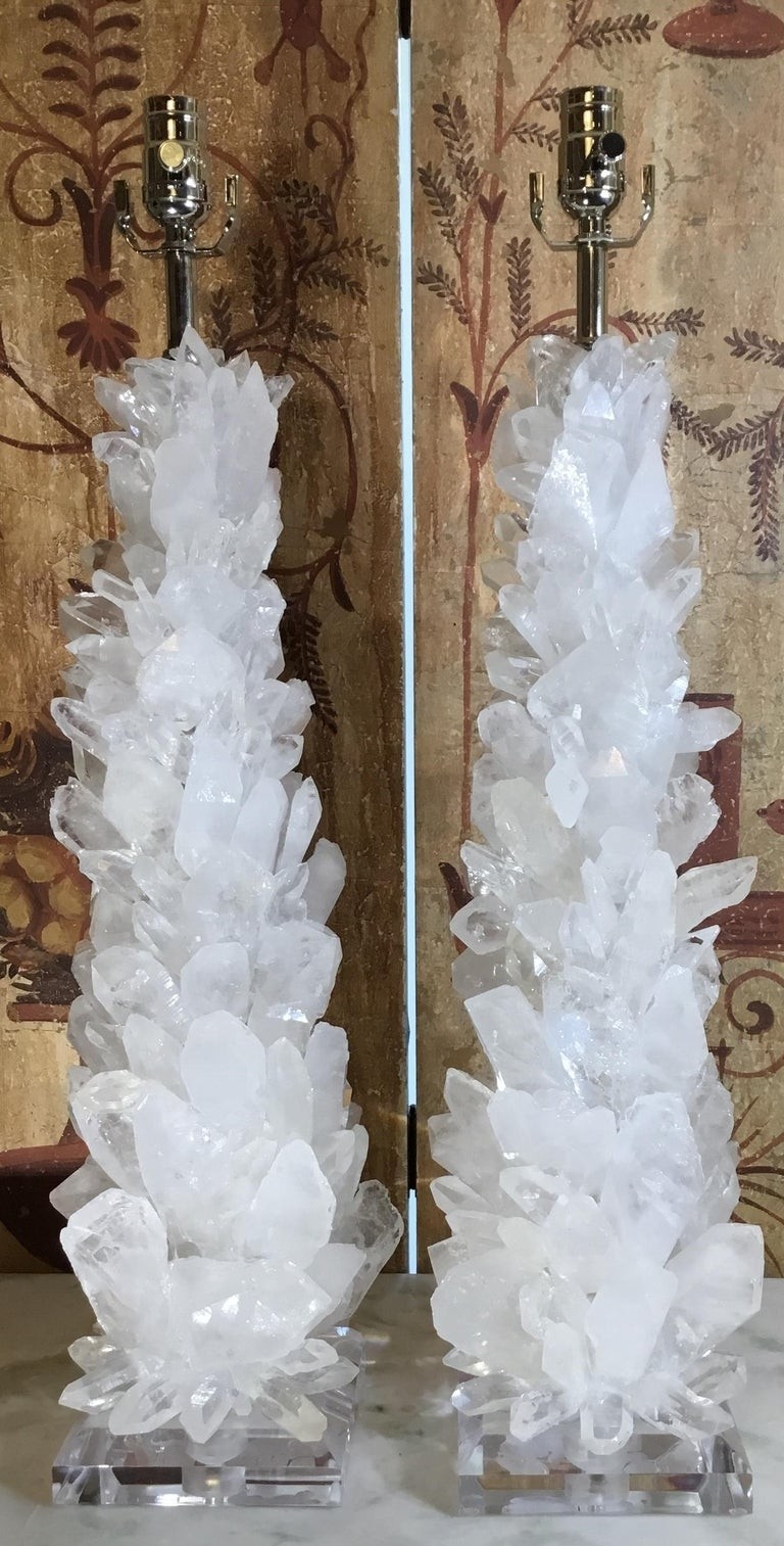Pair of fantastic white quartz crystal table lamps at 1stdibs