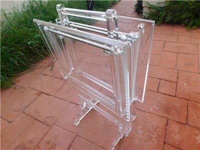 Pair of lucite folding snack tv tables with lucite stand