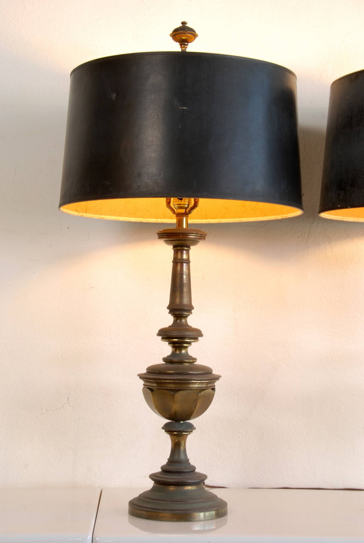Pair of stiffel brass lamps with original shades at 1stdibs