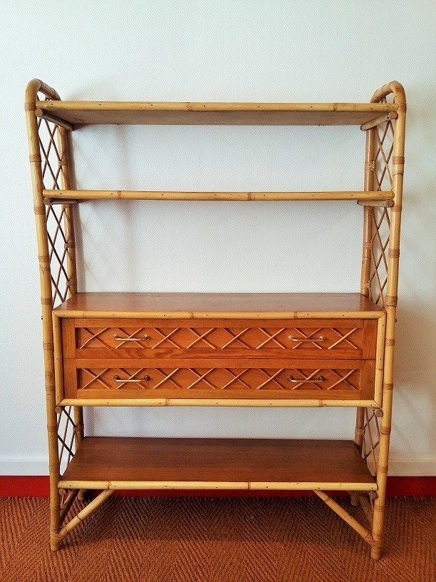 Rattan bookcase with 4 shelves and 2 drawers 1960s 1