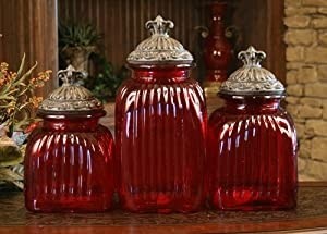 Red decorative glass canister set with