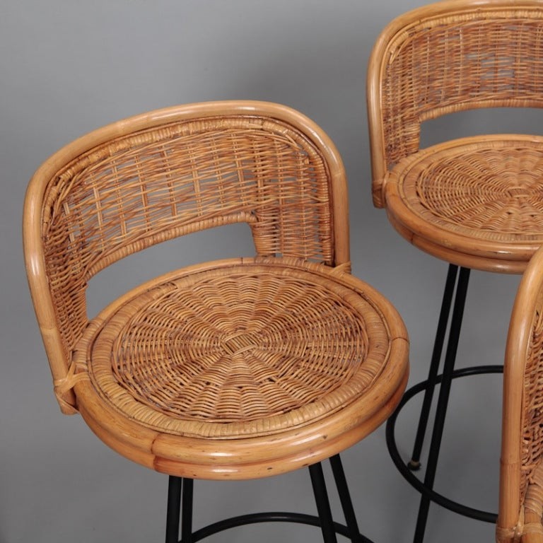 Set of 4 mid century rattan swivel bar stools in