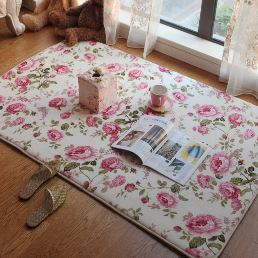 Short velvet romantic pink rose rug for