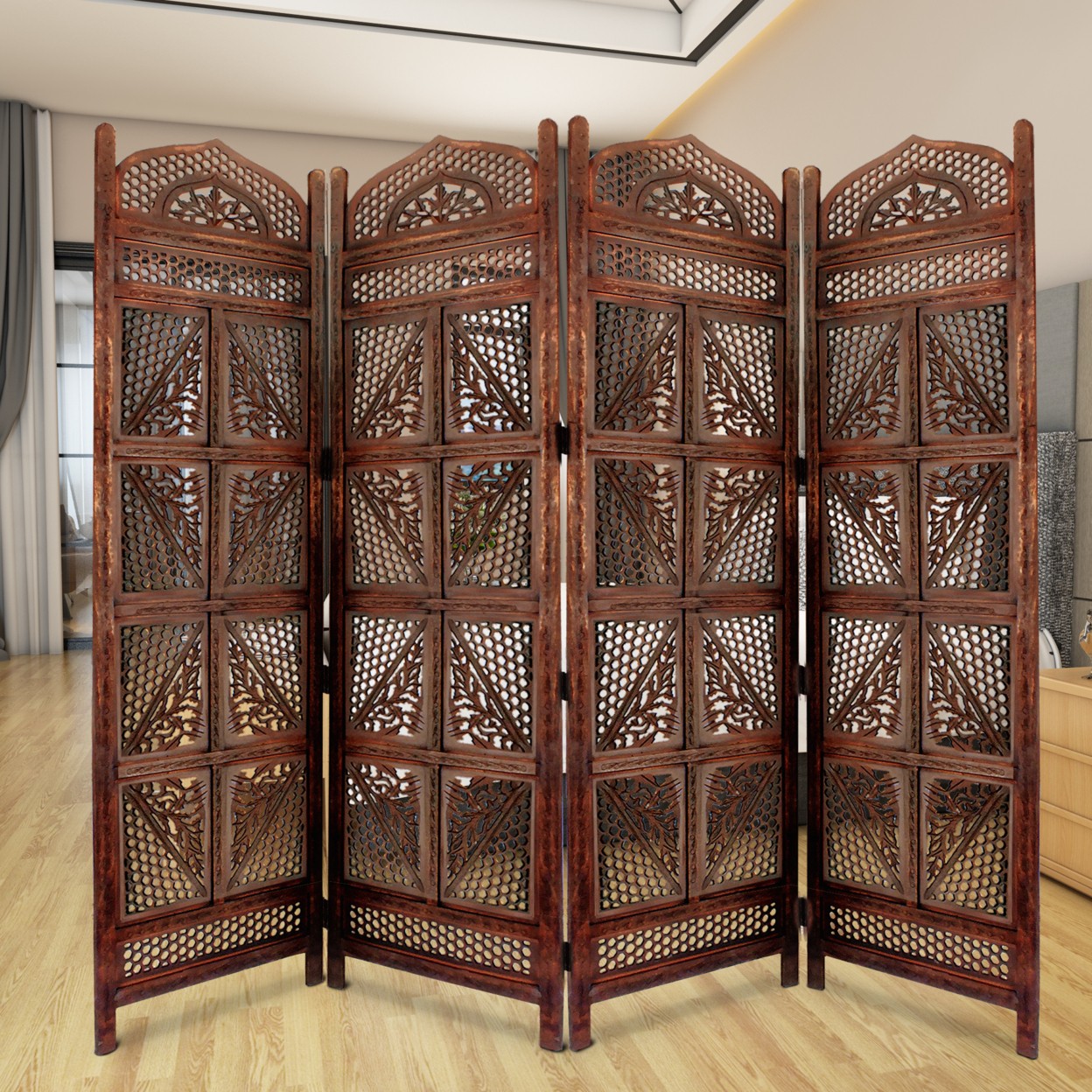 Traditional four panel wooden room divider with hand 1