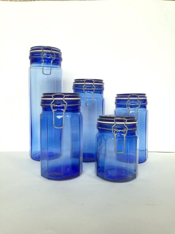 Vintage cobalt blue glass canisters 5 piece set kitchen