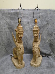Antique pair large winged griffins standing gargoyle lamps