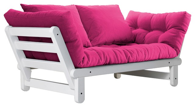 Beat convertible futon sofa bed white frame pink