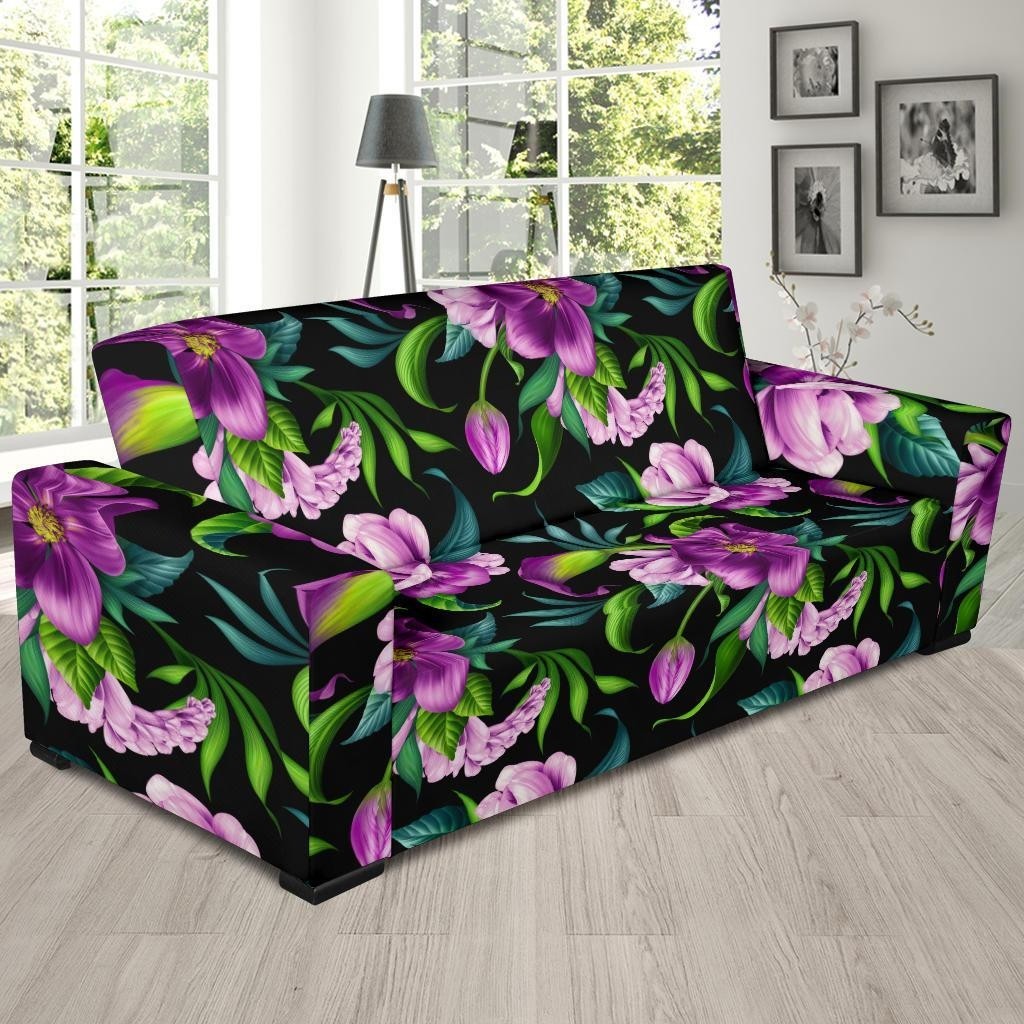 Bright purple floral pattern sofa slipcover jorjune