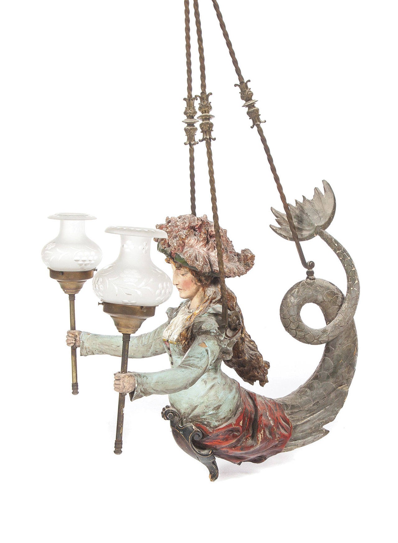 Carved mermaid on hanging lamp fully clothed in 1900s