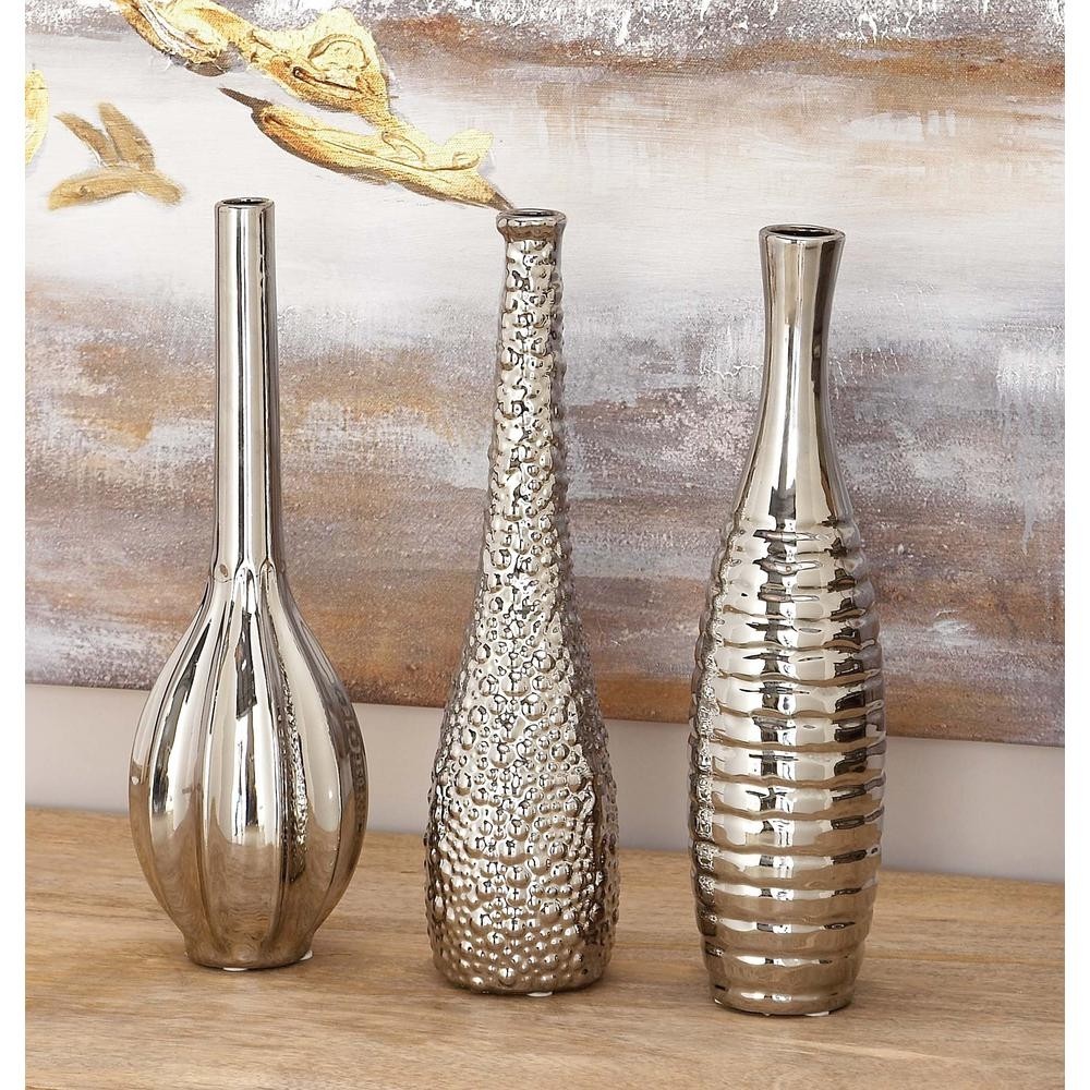 Ceramic bottle shaped decorative vases in silver set of 3