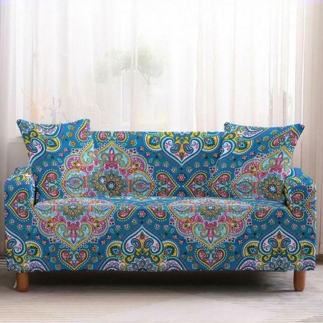 Colorful teal blue bohemian pattern sofa couch cover