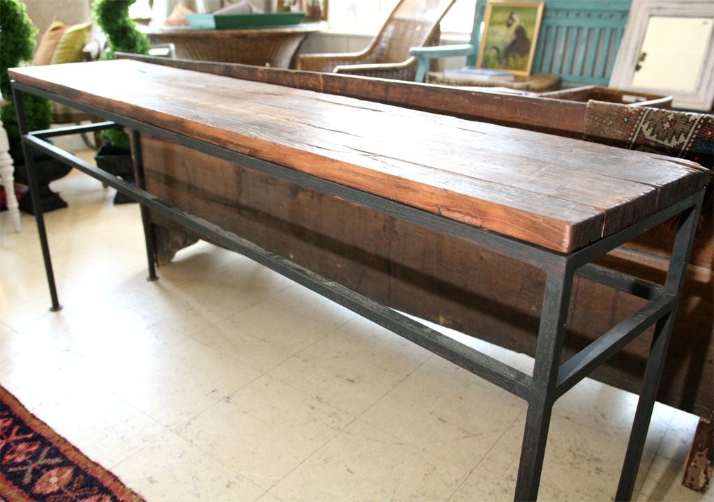 Custom elm wood top metal base console table at 1stdibs