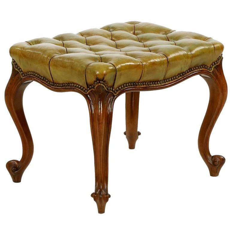 French rococo green tufted leather antique footstool