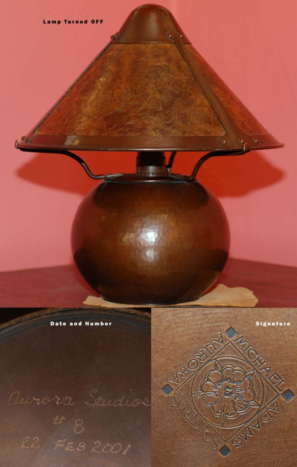 Hand hammered copper lamp with mica shade by michael adams