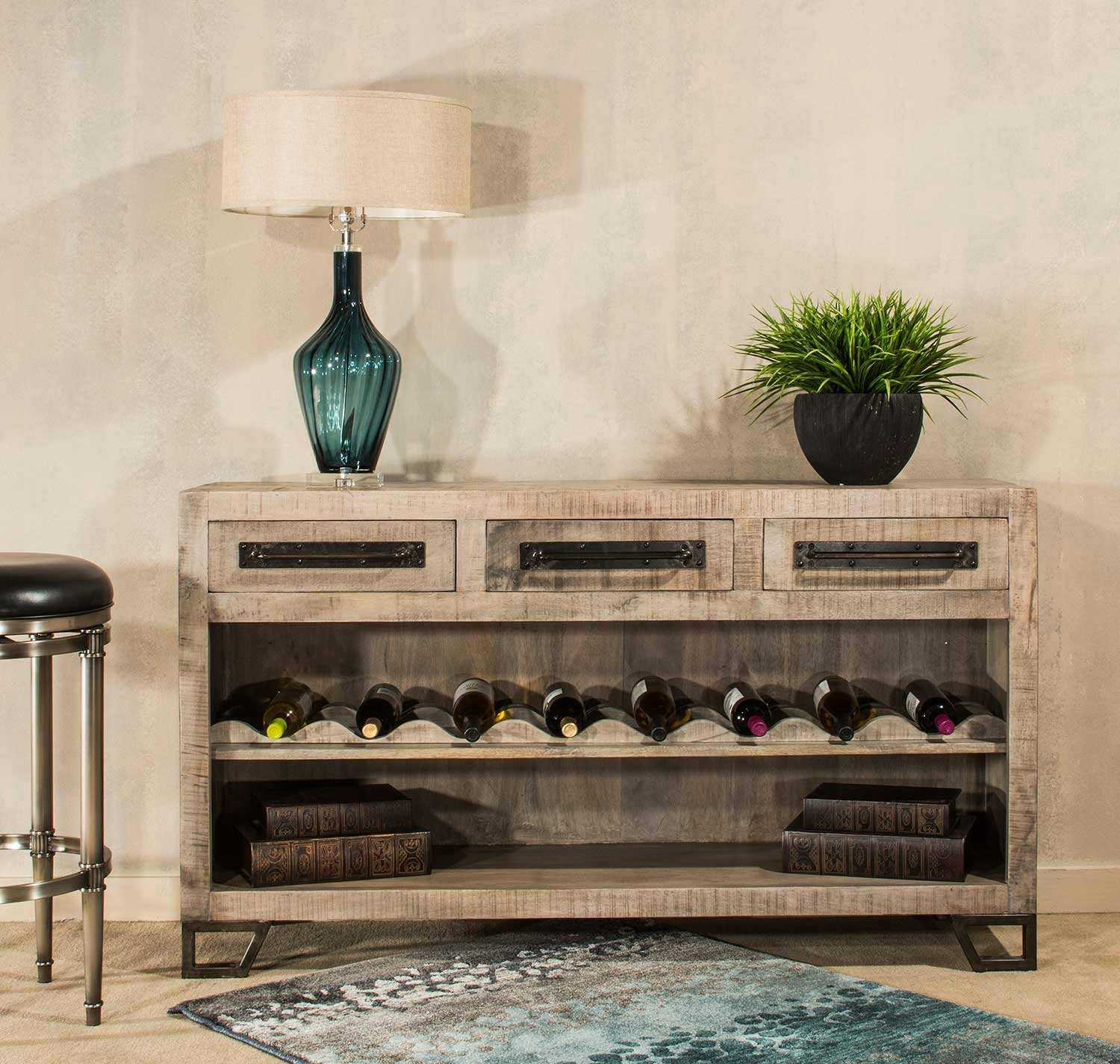 Hillsdale bridgewater sofa table with wine rack tan wood