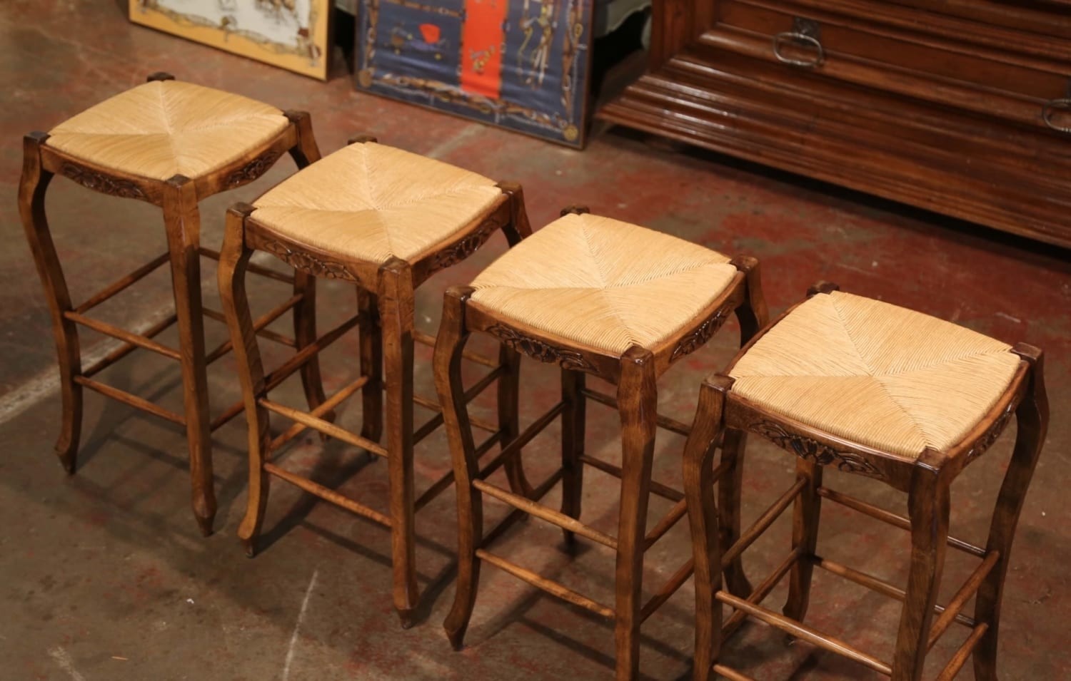 Louis xv country french carved bar stools with rush seat