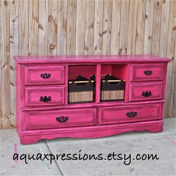 Magenta pink dresser distressed by aquaxpressions on etsy