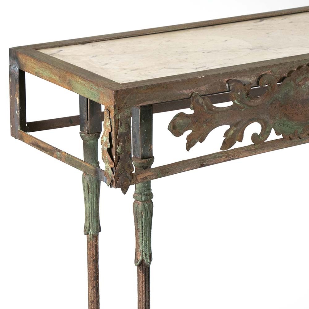 Marble top console table with ornate metal base
